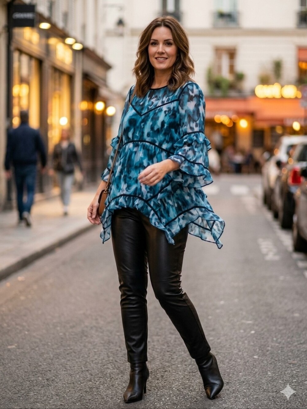 Bar lll Blue Watercolor Ruffle Sleeve Blouse